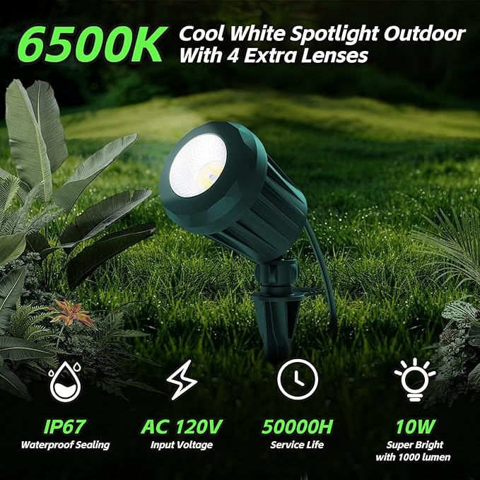Spotlight Outdoor – 120V Plug-In, 6500K Cool White LED Landscape Lighting with RGB Purple 4 Color Lenses for Yard, Garden, Lawn & Tree Decor on Holidays&Everyday, IP67 Waterproof (2 Pack,Green) Holeva