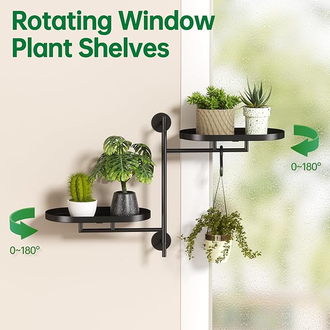 Rotating Window Shelves for Multiple Plants Indoor,2-tier Metal Corner Black Plant Stand Holder Floating Hanger Shelf for Wall，Windows Sill Gifts for Planter Lover to Enhance Home Decor YFFSRJDJ
