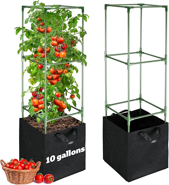 ANPHSIN 3 Sets Tomato Cages with 10 Gallon Grow Bags - 47'' Stable Plant Support Trellis Kit, Square Cages with Planter Pots for Garden Flowers Vegetables Cucumber Vertical Climbing Plants Vines ANPHSIN