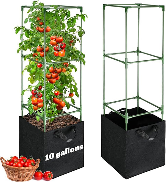 ANPHSIN 2 Sets Tomato Cages with 10 Gallon Grow Bags - 47'' Stable Plant Support Trellis Kit, Square Cages with Planter Pots for Garden Flowers Vegetables Cucumber Vertical Climbing Plants Vines ANPHSIN