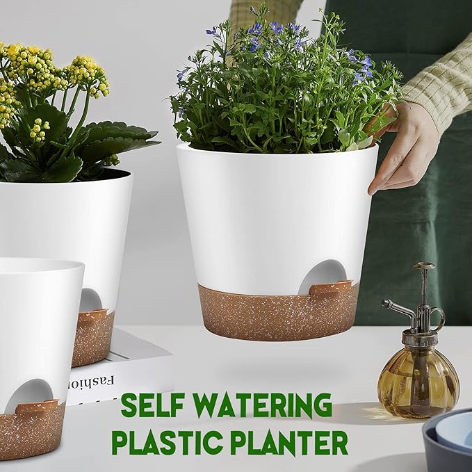 Indoor Outdoor Plant Pots- Self Watering Planters with Drainage Holes and Saucers, 9,8, 7.5 Inches, 3 Pots (Snow) AFamilyofGardenLovers