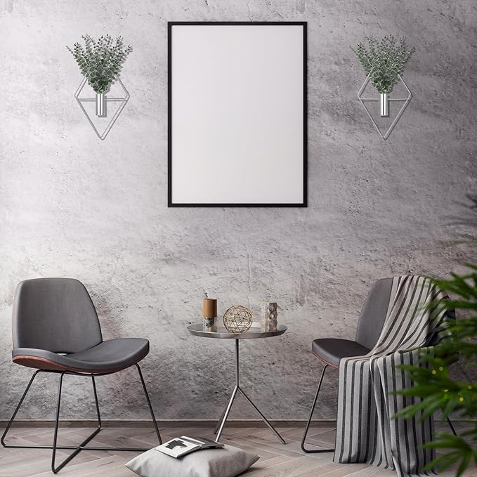 Jexine 8 Pcs Hanging Planters with Artificial Eucalyptus Metal Hanging Vase Indoor Plants Holder Modern Geometric Boho Bathroom Wall Decor for Living Room Home Office (Eucalyptus,Chrome Sliver) Jexine