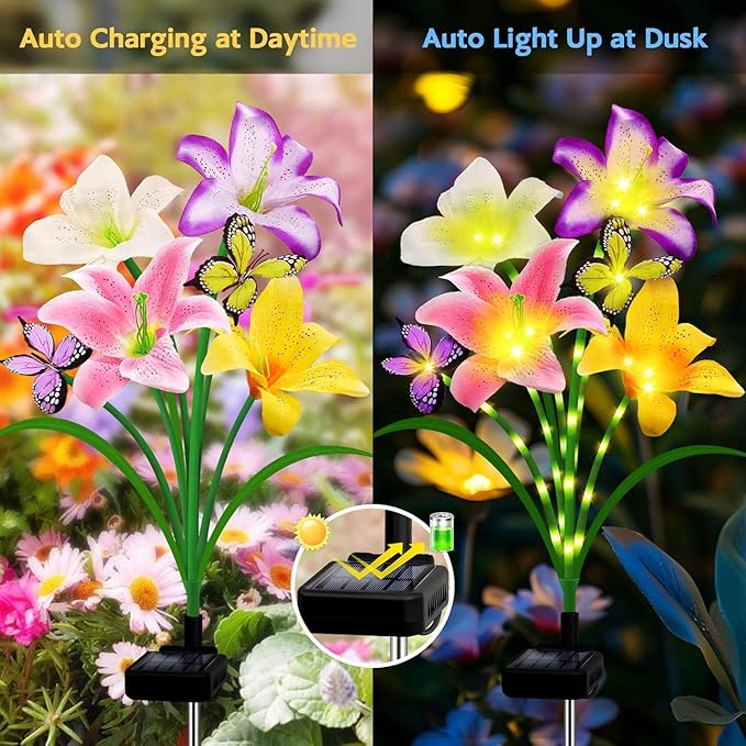 6 Pack Solar Garden Lights LED Solar Lilies Flower Lights, Yard Patio Pathway Decoration High Flexibility Copper Wire Handmade Silk Artificial Flowers Never Wither, Gift for Family, Friends yulloyello