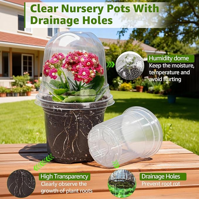 MIXC Clear Nursery Pots with Humidity Domes, 5/4/3.5 Inch Reinforced Transparent Plastic Pots for Planting with Drainage Holes, for Tomato Seedlings, Cactus, and Herbs, 30 Pack MIXC