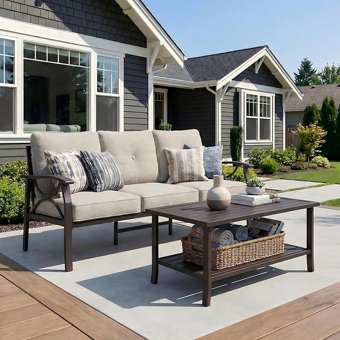 RoyalCraft 3 Seats Outdoor Patio Furniture Set, Outdoor Metal Sectional Furniture with Cushions, Outdoor Conversation Set with Coffee Table for Balcony, Backyard, Garden, Deck, Beige Bringyoubetterlife