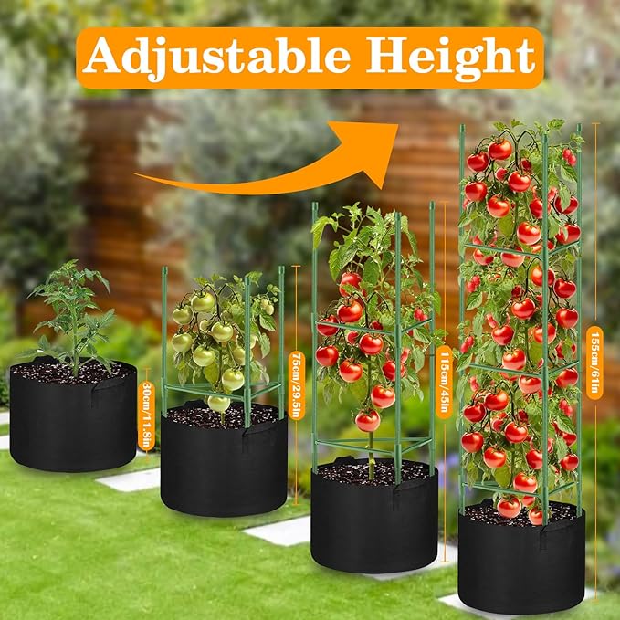 4 Pack Tomato Cages with 11 Gallon Grow Bags for Garden 55inch Tomato Planter with Trellis Heavy Duty Plant Stakes Support Frames for Climbing Vegetables Flowers Fruits Flowers Rootora