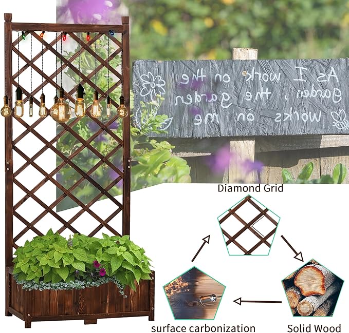Anraja Raised Garden Bed with Trellis Wooden Planter Box Outdoor Wood Privacy Screen for Climbing Plant Planting Flower Patio Tomato Vegetable Herb Balcony Porch 29.5" L x 17.0" W x 67.0" H Anraja