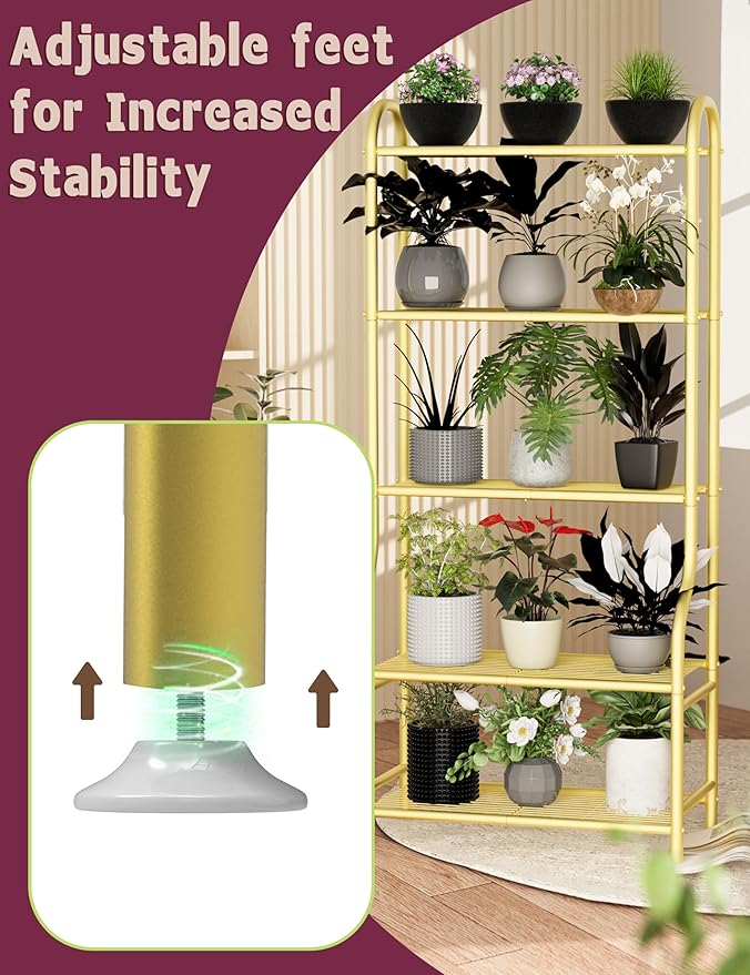 5-Tier Metal Plant Stand Indoor Outdoor, Waterproof Flower Stand for Multiple Pots, Heavy Duty Plant Stands for Living Room Patio Garden Decor, Tall Plant Shelf with Leveling Feet, Gold Yutrchey