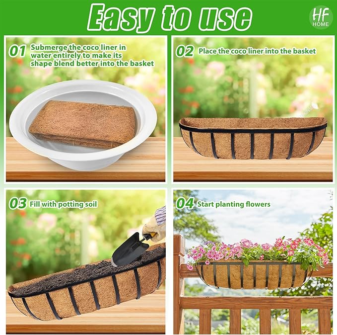 HFHOME 2 Pcs 24" Window Box Deck Railing Planter with Horse Trough Coco Liners, Black Metal Hanging Flower Planters Baskets for Indoor, Outdoor, Balcony, Porch, Fence, Patio, and Lawn HFHOME