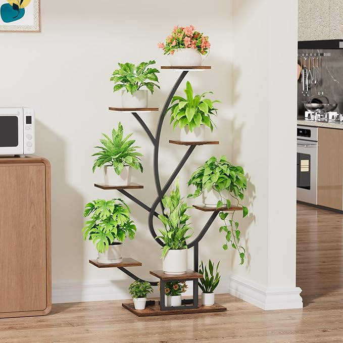 Plant Stand Indoor with Grow Lights - 8 Tiered Corner Plant Shelf Indoor, 50" Tall Lighted Plant Stand for Indoor Multiple Plants, Flower Stands Display Rack Holder for House, Patio, Black EVAWOO