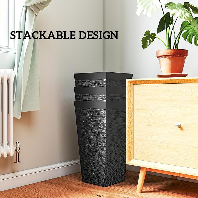 Outsunny 22.8 Inch Tall Planters for Outdoor Plants, Set of 3 Plastic Flower Pots with Stone Finish and Wheels, Stackable Tapered Planters with Drainage Hole for Indoor Plants, Front Porch, Black Outsunny