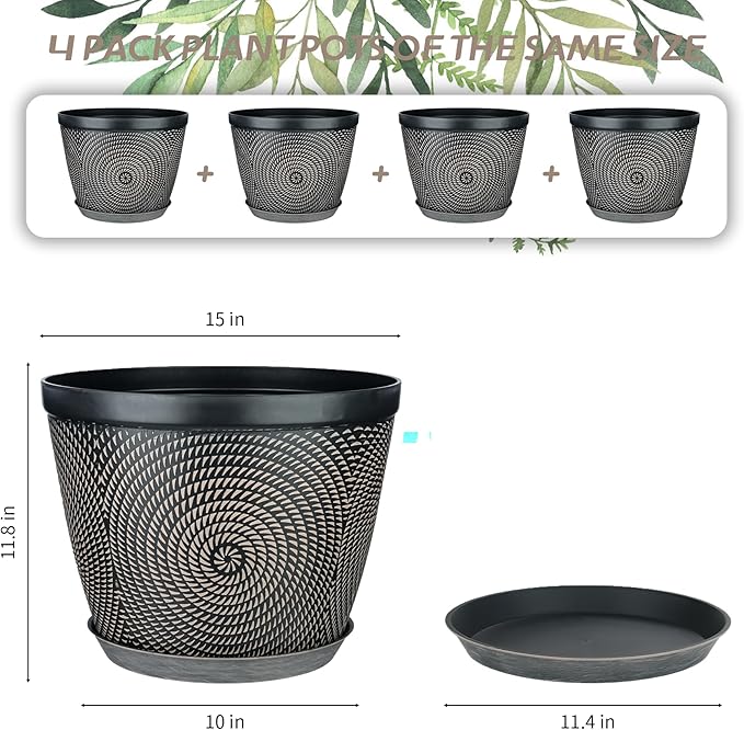 Quarut 15 Inch 4 Pack Large Plant Pots, Plastic Flower Pot for Indoor & Outdoor with Drainage Holes & Saucer, Circle Pattern Planters Garden Pots for Herbs Quarut