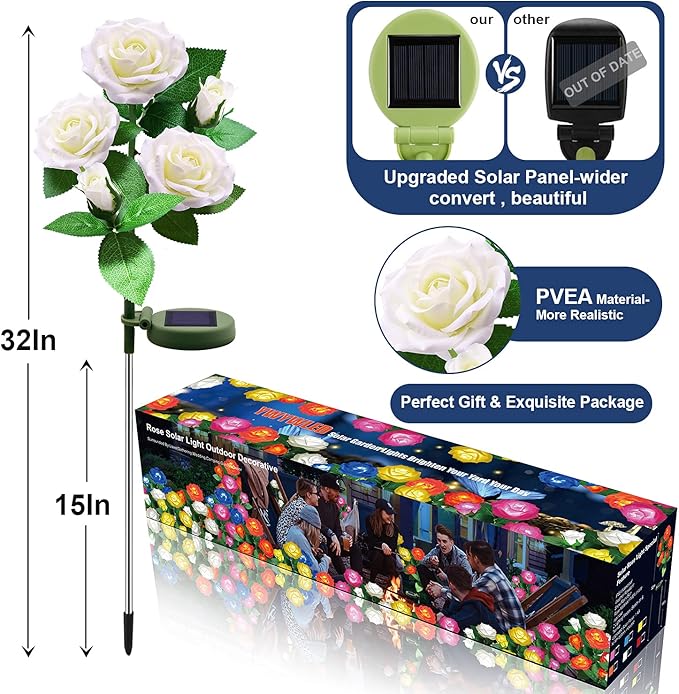 Solar Flower Lights Outdoor - Upgraded New Material Two Modes Realistic LED Solar Powered Waterproof Lights with 5 Roses, Solar Decorative Stake Lights for Garden (White, 1 Pack) LightYourLife