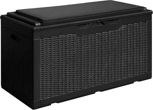 Devoko 100 Gallon Waterproof Large Resin Deck Box Outdoor Storage Box Indoor Lockable Storage Container with Cushion for Patio Furniture Garden Pool Cushions (Black) DEVOKO