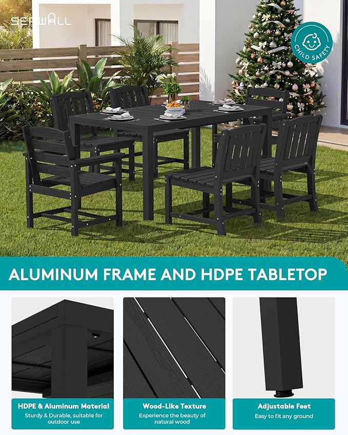 SERWALL 7-Piece Outdoor Dining Set, 60" - 83" Expandable Outdoor Dining Table and 6 HDPE Chairs, All Weather HDPE Outdoor Furniture Set for Backyard, Garden, Black SERWALL