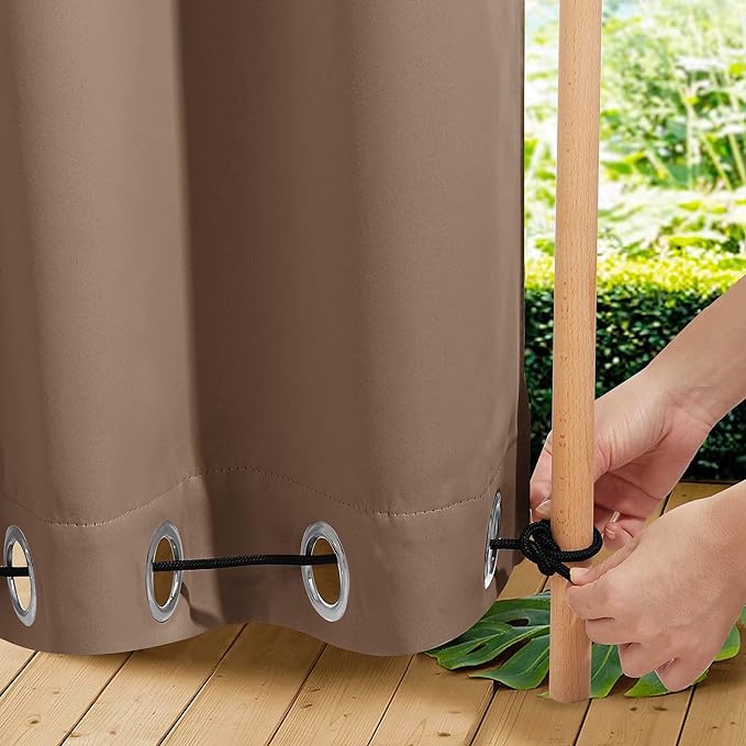 NICETOWN 2 Panels Waterproof Outdoor Curtains for Patio, Windproof W100 x L84 Grommet & Back Tab on Top & Bottom Thermal Insulated Sun Blocking Privacy Drapes with Rope for Gazebo, Tan NICETOWN