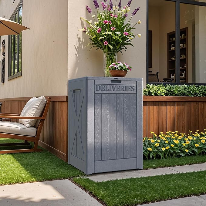 Patiowell 48-Gallon Resin Package Delivery Box for Outside, Waterproof Storage Deck Box with Lockable Secure (Grey) Patiowell