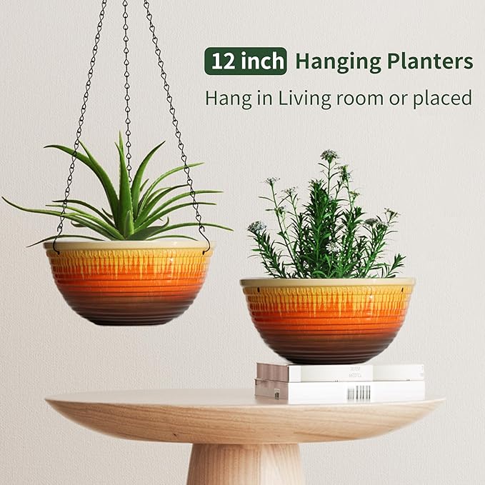 12 inch Large Hanging Planters for Indoor Outdoor Plants, Set of 2 Glazed Hanging Flower Pots with Drainage Hole, Hanging Baskets for Garden Home Porch Decor LesOasis