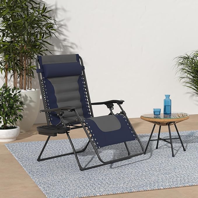 Best Choice Products Oversized Padded Zero Gravity Chair, Folding Outdoor Patio Recliner, XL Anti Gravity Lounger for Backyard w/Headrest, Cup Holder, Side Tray, Polyester Mesh - Navy/Gray BestChoiceProducts