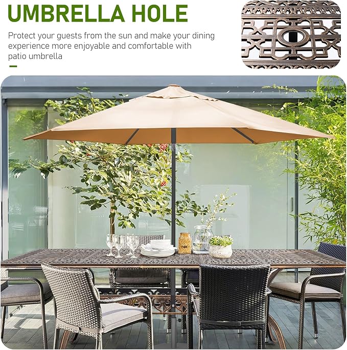VINGLI 8-Person Outdoor Dining Table, Metal Dining Table with Umbrella Hole Cast Aluminum Patio Table, Rectangle Table Outdoor Furniture Garden Table (87”Lx42W”x28.5”H) VINGLI