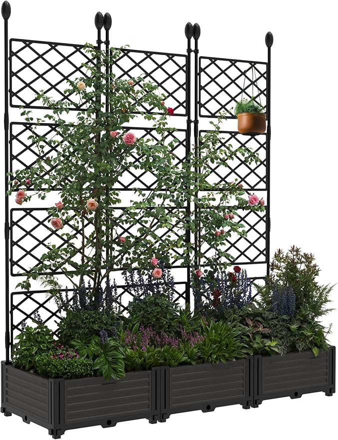 IDEALHOUSE 3 PCS Raised Garden Bed with Trellis, 50" W×63" T Plastic Planter Box with Privacy Screen, Sturdy Lightweight Vertical Garden for Climbing Plants Patio Balcony Backyard IDEALHOUSE