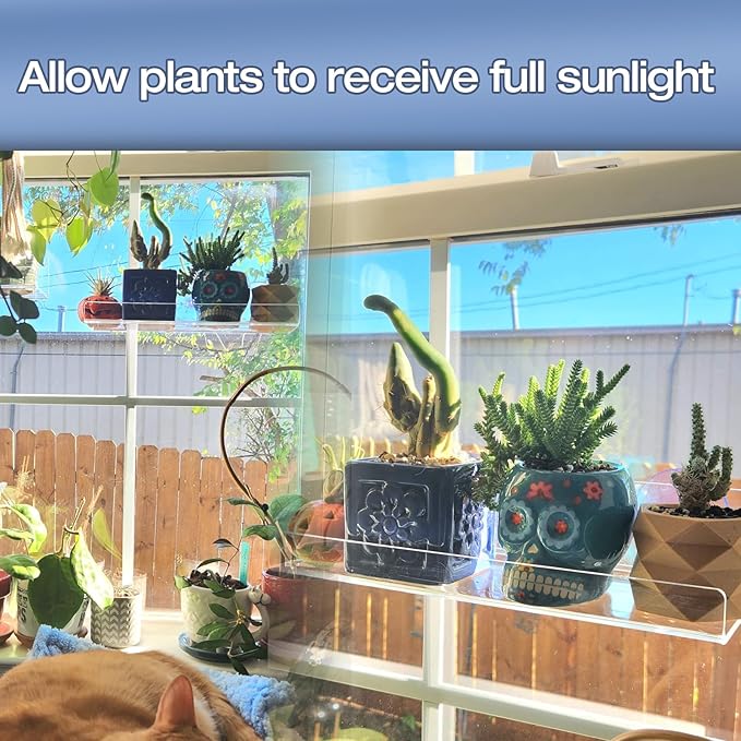 2-Pack 15 Inch Acrylic Window Boxes Plant Shelves, with Suction Cup Window Sill Extender, for Indoor/Outdoor Succulents, Micro Greens, Seed Starter Pots, Herb Planters Skewo
