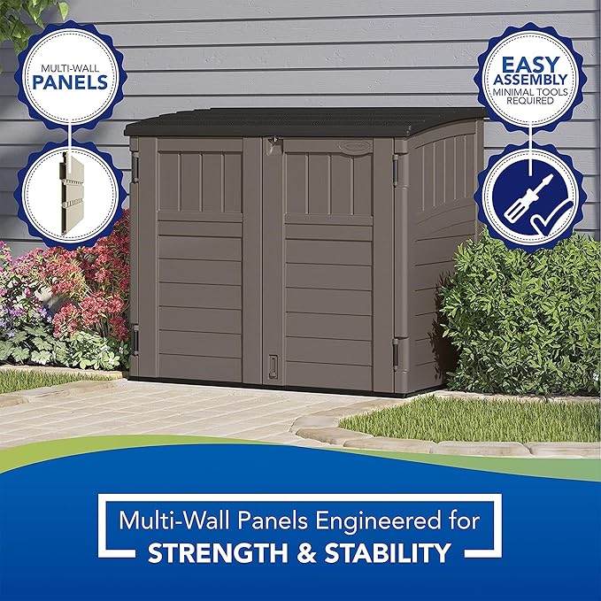 Suncast 34 Cu Ft Horizontal Resin Storage Shed - Outdoor Storage Shed with Floor Included, Lockable, Weatherproof, Fits Small to Medium Trash Cans, Generators, & Garden Tools, Stoney Black Suncast
