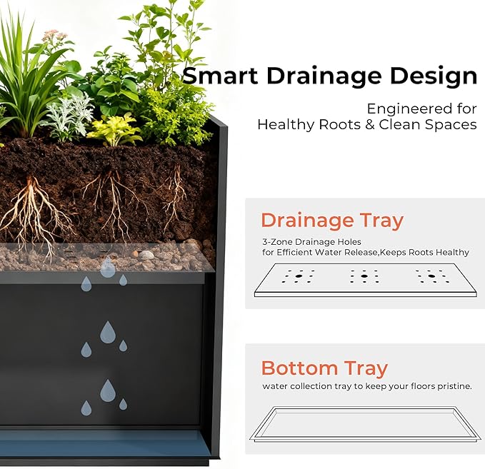 Worth 28" Galvanized Steel Planter Box, Outdoor Rectangular Tall Metal Planter with Insert Shelf & Drainage Holes, Matte Black Standing Plants Box for Patio, Garden, Balcony WORTH