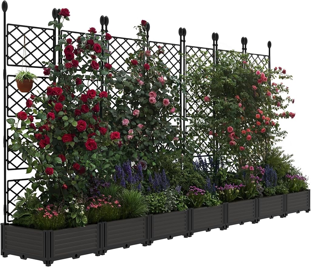 7 PCS Raised Garden Bed with Trellis & Privacy Screen, 116"w x 63"Tall Vertical Garden Planter Box for Climbing Plants - Sturdy Lightweight Outdoor Planter for Vegetables, Flowers on Patio, Balcony Rootora