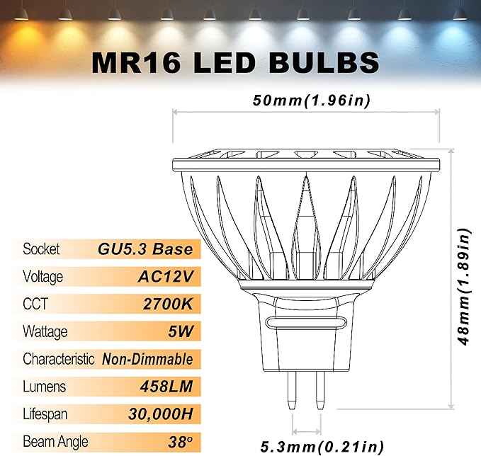 ALIDE MR16 GU5.3 LED Bulbs 50W Halogen Equivalent, 2700K Warm White,MR16 5W 12V Low Voltage Bulbs Spotlights for Outdoor Landscape Flood Track Lighting,Not Dimmable,458lm, 38Deg,3Pack ALIDE