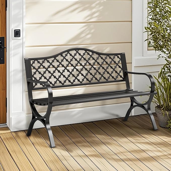 Sophia & William Outdoor Bench, 50 inches Metal Garden Bench, Cast Iron Park Benches for Outside with Floral Backrest and R-Shaped Legs for Porch Yard Lawn Deck, Black SophiaWilliam
