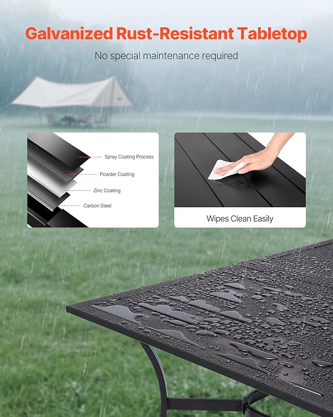 VEVOR Outdoor Patio Dining Table, 59 inch Long Rectangular Metal Steel Slat Backyard Bistro Tables for 4-6, with 1.5 in Umbrella Hole, All-Weather Large Furniture for Lawn Garden Porch, Black VEVOR