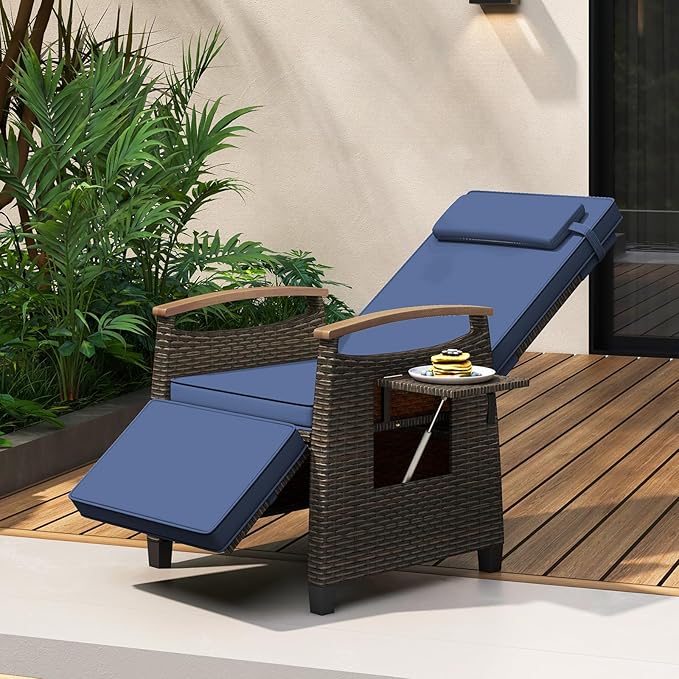 RELAX4LIFE Rattan Outdoor Recliner Chair - Wicker Chaise Lounge Chair w/Adjustable Back & Footrest, Acacia Wood Armrests, Flip Side Table, Cushion, Reclining Patio Chair for Pool Yard (1, Navy) RELAX4LIFE