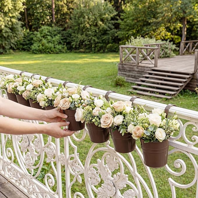 HowRU Hanging Flower Pots, Railing Planter Box for Outdoor Plants 12 Pack 5 Inch Metal Hanging Planters with Detachable Hooks Balcony Window Fence Garden Decoration Flower Boxes(Bronze(5in)) HowRU