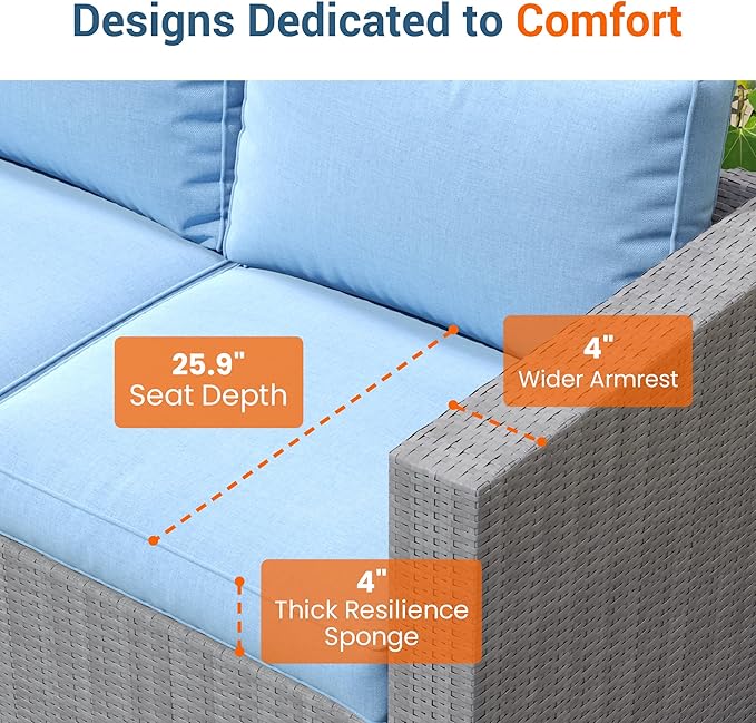 Wisteria Lane Patio Furniture Set for All Wheather, 9 Pieces Wicker Outdoor Furniture Set with Washable Cushions & Fire Pit Table, Oversized Outdoor Sectional for Garden, Poolside, Backyard, Blue WisteriaLane