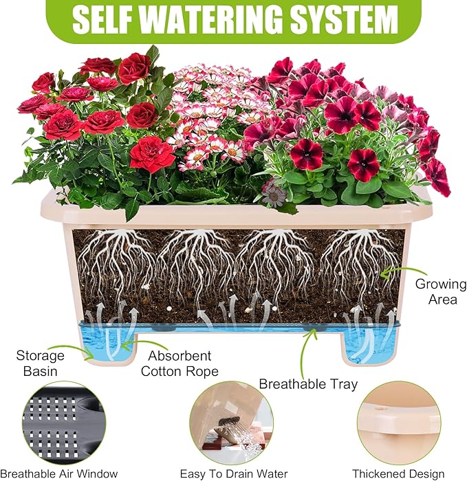 Self-Watering Rectangle Planter Boxes 8-Pack, 15.7-Inch Window Box Planter with Drainage Holes & Trays, Pots for Vegetables, Herbs, Flowers, Garden Windowsill Balcony (Yellow) Oliz