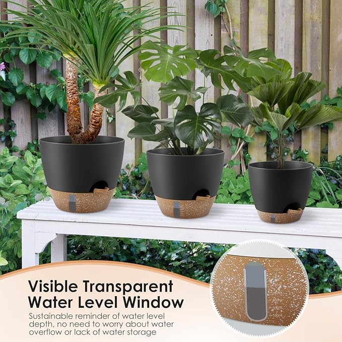 Self-Watering Plant Pots with Water Level Indicator, Drainage Holes & Saucers – 12/10/9 Inch Large Plastic Planter Set for Indoor & Outdoor Plants(Black) QRRICA