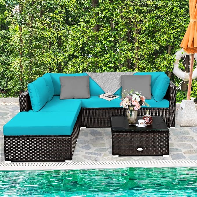 Tangkula 6 Piece Patio Furniture Set, Outdoor Deck Lawn Backyard Durable Steel Frame PE Rattan Wicker Sectional Sofa Set, Conversation Set with Coffee Table (Turquoise) TANGKULA