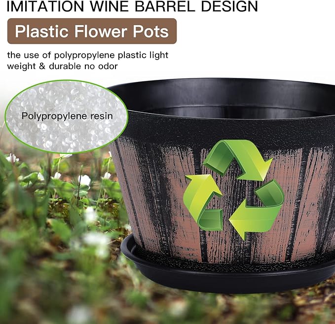 Quarut 8 inch Brown Plastic Whiskey Barrel Plant Pots Set of 4 with Drainage Holes and Saucer for Indoor and Outdoor Garden Home Plants Quarut