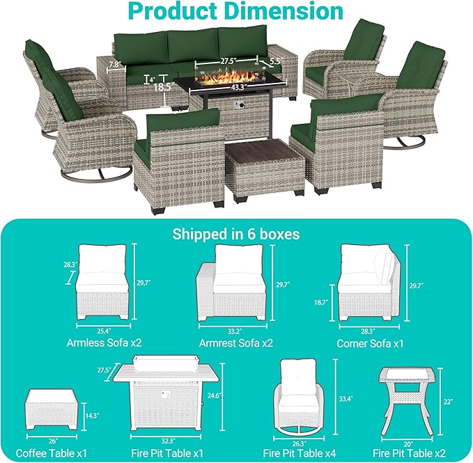 13-Piece Outdoor Patio Furniture Set with Rocking Swivel Chair, PE Wicker Rattan Sectional Sofa Patio Conversation Set with 55,000 BTU Fire Pit Table & Coffee Table, Green MuphyersPatioFurniture