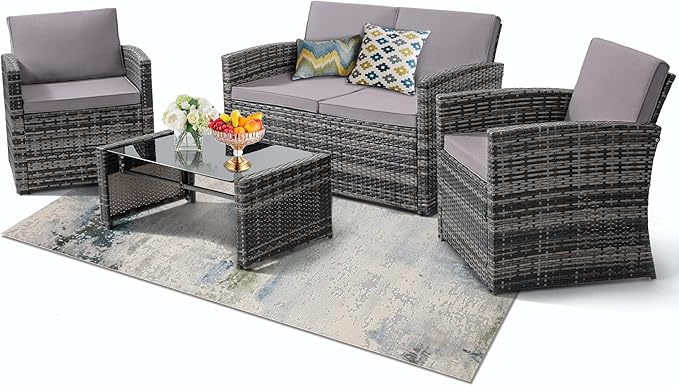 4-Piece Patio Furniture Set, Wicker Outdoor Rattan Sectional Sofa with Cushions and Glass Table, All-Weather Outdoor Conversation Set, Ideal for Garden, Porch, Backyard, Grey KROFEM
