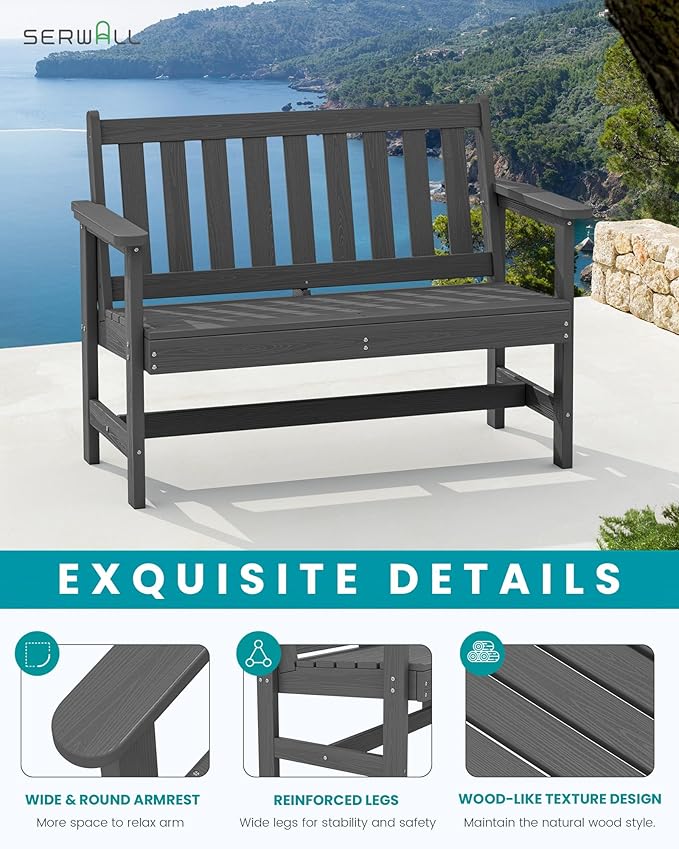 SERWALL Outdoor Bench, HDPE Outdoor Benches Weatherproof, 2-Person Garden Bench with 660 lbs Weight Capacity, Patio Benches for Outdoors, Garden, Porch, Backyard and Park, Grey SERWALL