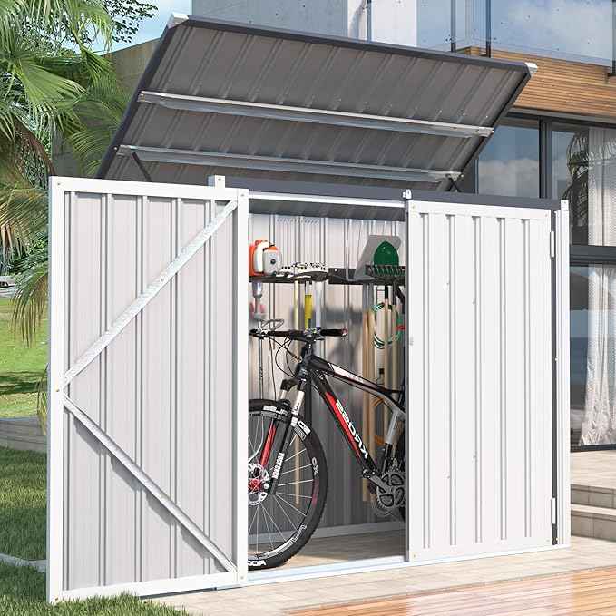 AECOJOY Outdoor Trash Can Storage, 46 Cu.Ft White Trash Can Storage Cabinet Shed Outdoor Horizontal Storage Cabinet Waterproof, Garbage Can Storage Bicycle Sheds & Outdoor Storage Clearance