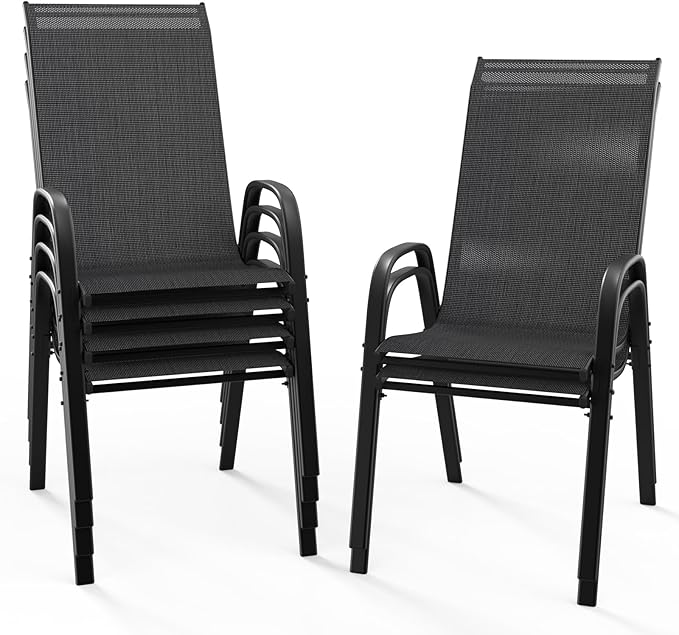 VINGLI Patio Chairs Set of 6 – Stackable Outdoor Dining Chairs with Comfortable Sling High Back Chairs and Armrests for Lawn, Poolside, Courtyard, Balcony, Garden, Black VINGLI