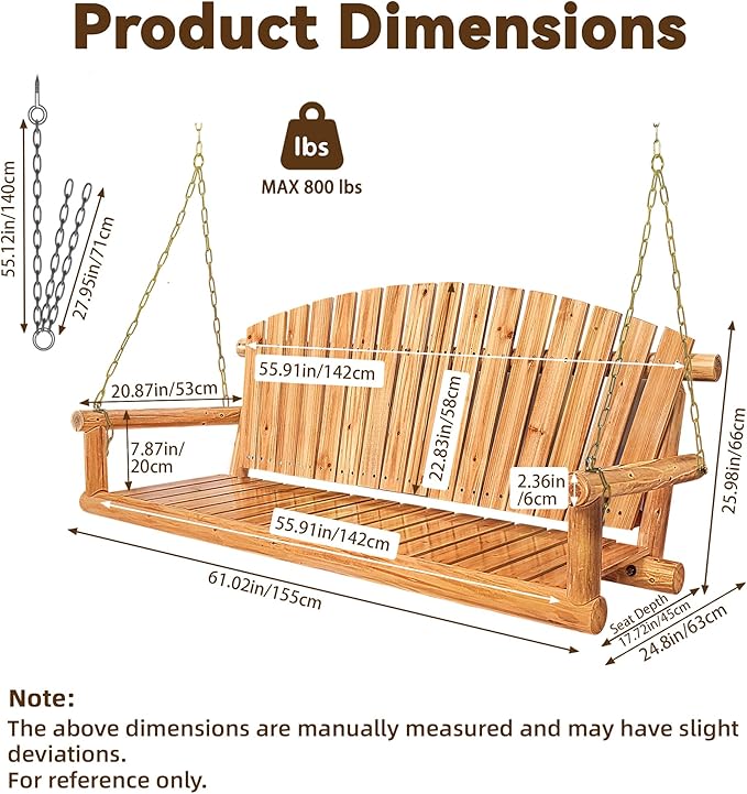 Outdoor Porch Swing Front Porch Hanging Wooden Bench Swing 3 Seat Chair for Garden, Patio, Backyard, Playground, Log Wood 800Lbs, 5 Ft, Lightly Toasted Anraja