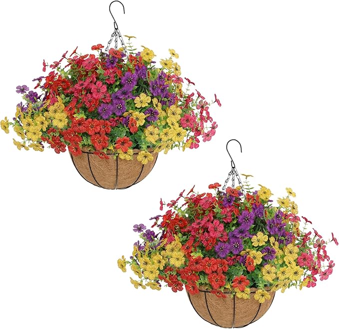 Senjie 2 Set Artificial Hanging Flowers with Basket for Outdoor Decor, UV Resistant 24 Bundles Faux Flowers Fake Hanging Planter for Porch Patio Balcony Senjie