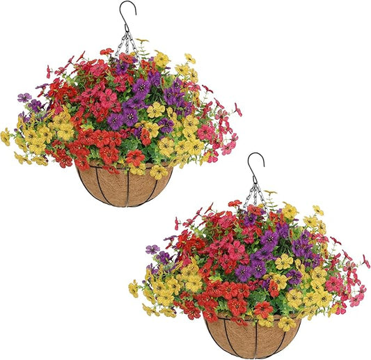Senjie 2 Set Artificial Hanging Flowers with Basket for Outdoor Decor, UV Resistant 24 Bundles Faux Flowers Fake Hanging Planter for Porch Patio Balcony Senjie