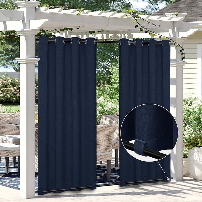 Easy-Going Linen Look Outdoor Curtains Waterproof Windproof Porch Curtains, Soft Thicken Outdoor Privacy Curtains for Patio, Gazebo, Grommet Top and Tab Bottom Drape, 1 Panel, 110x108 inch, Navy Easy-Going