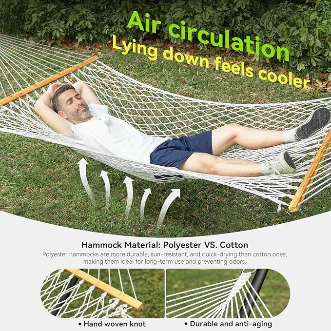 Double Hammock for 2 Person, Handwoven Rope Hammock with Spreader Bar Without Stand - Indoor & Outdoor Use for Patio, Poolside, Backyard (White) ANAGOO