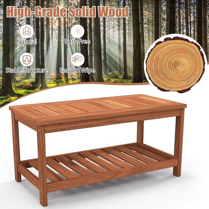 Tangkula Wood Outdoor Coffee Table, 2-Tier Patio Coffee Table with Slatted Hardwood Tabletop & Storage Shelf, Rectangle Wood Table for Deck, Garden, Balcony, Indoor or Outdoor Use (Natural) TANGKULA